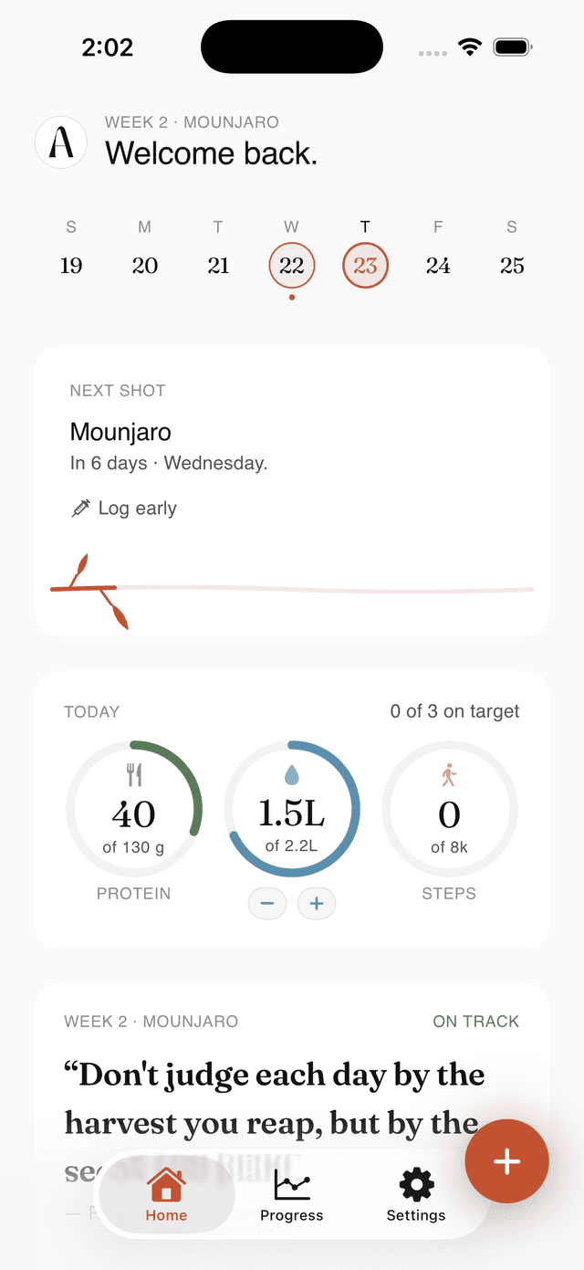 Akoma iPhone app home screen — next GLP-1 shot reminder, daily rings and weekly tracking overview