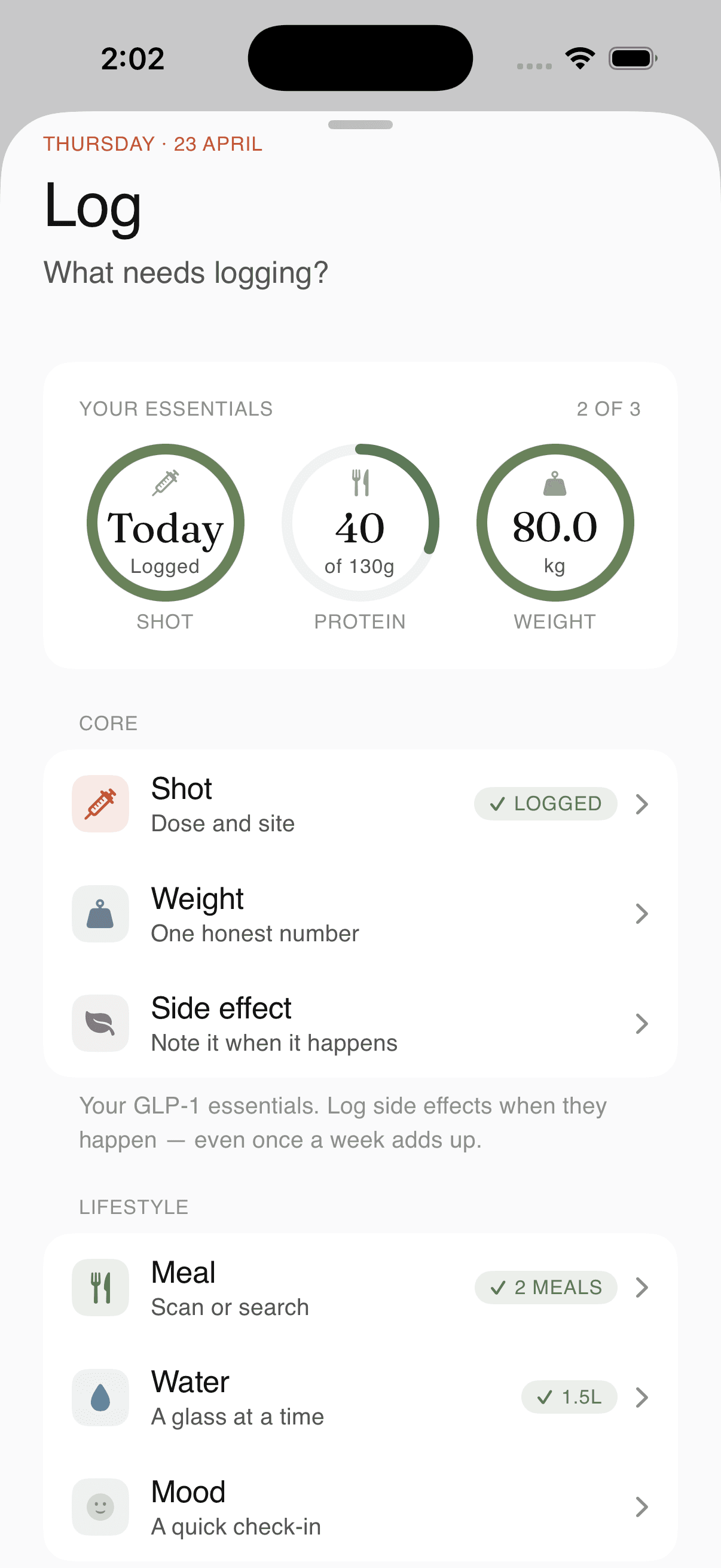 Akoma log screen — one-tap entry for GLP-1 injection, weight, side effects, meals and water