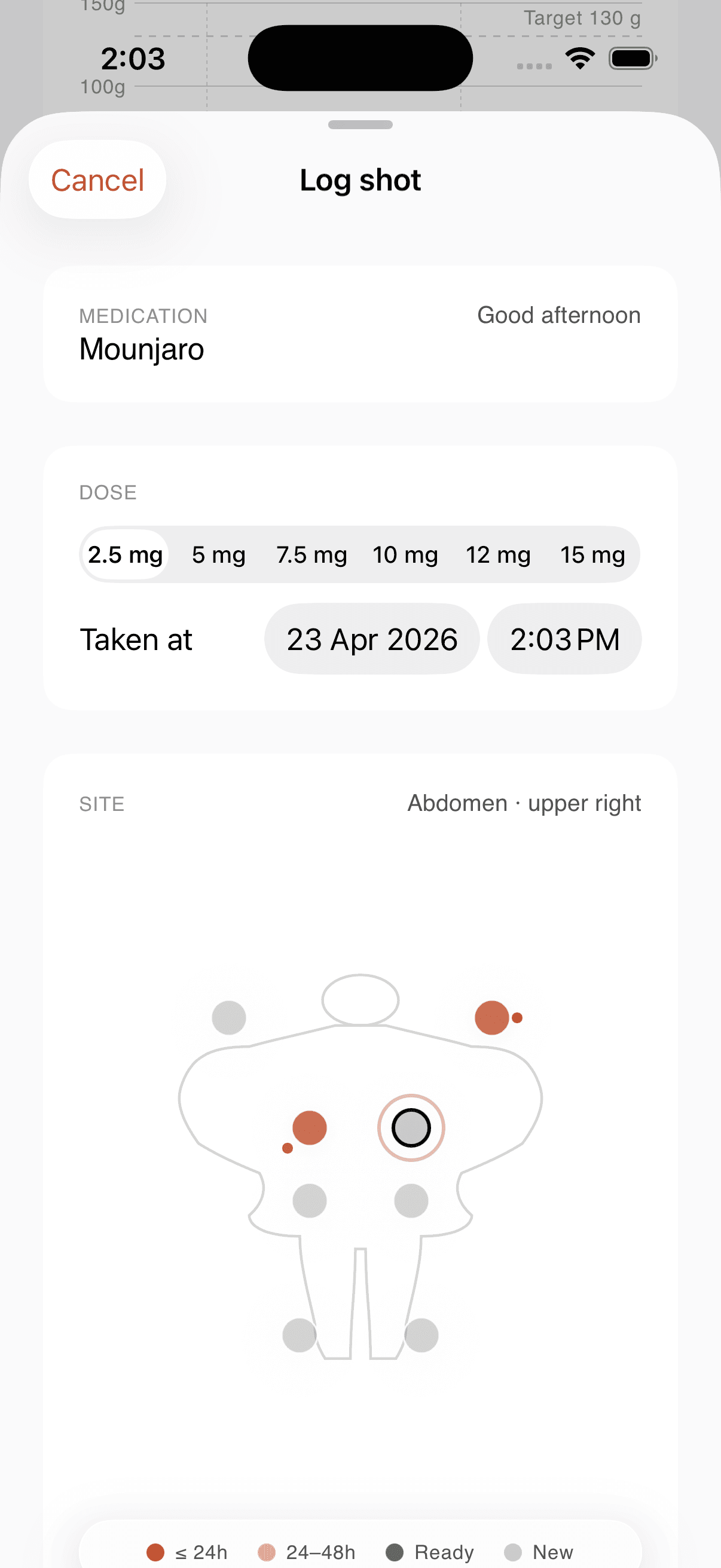 Akoma injection-site rotation tracker for Mounjaro, Wegovy and Ozempic — body diagram with site history